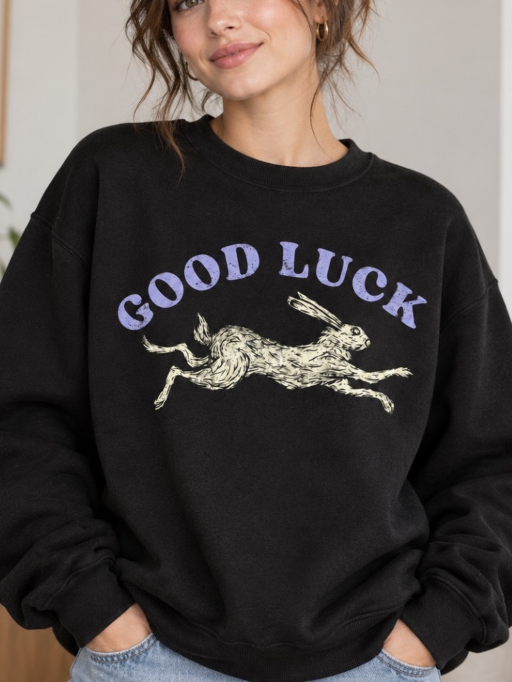 Good Luck Running Rabbit Hare Animal Wildlife Vintage Black Sweatshirt